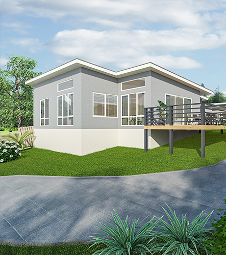 3D exterior rendering showcasing the building's architectural design, materials, and landscaping elements in a realistic perspective.