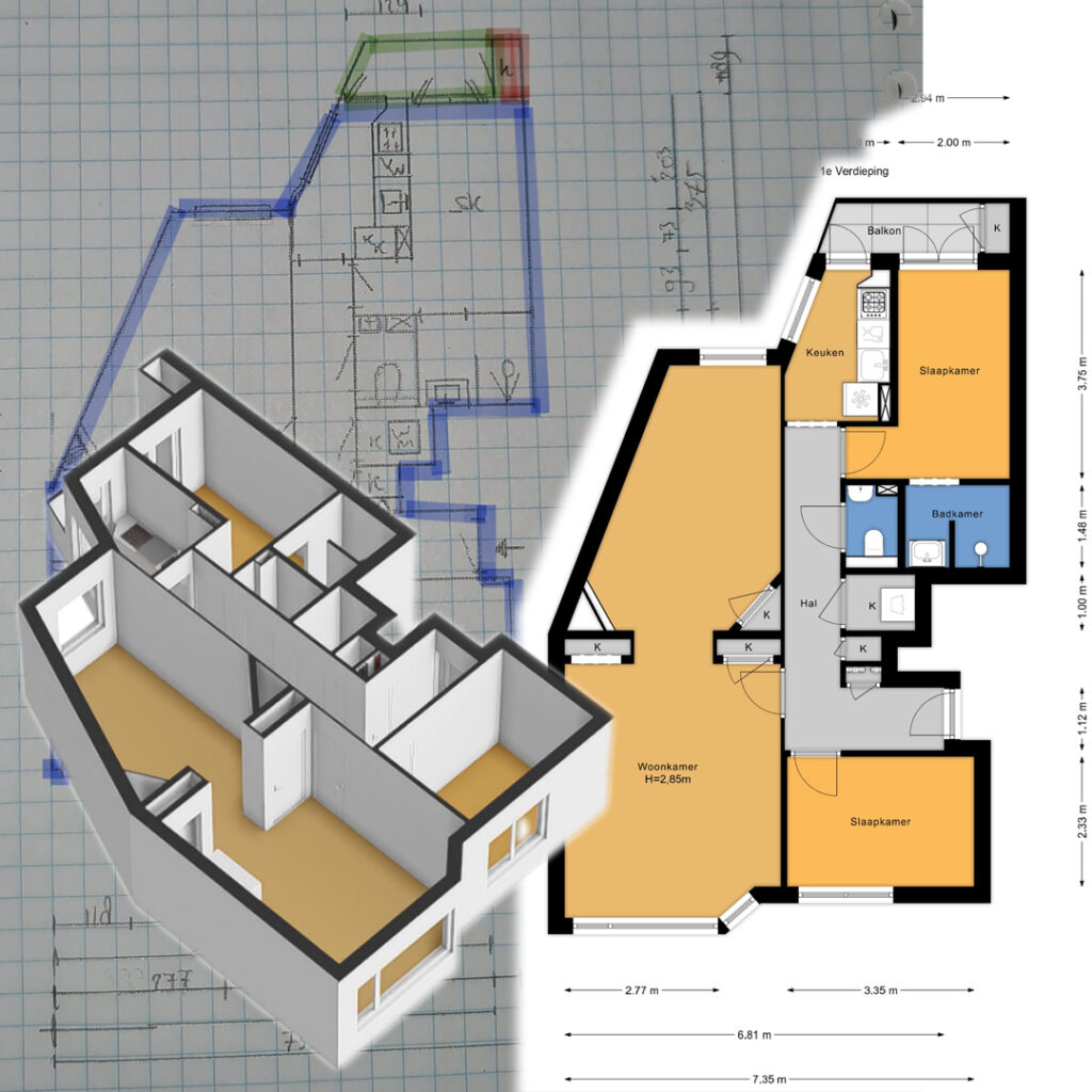 Real Estate Floor Plan Magic. Real Estate funda 2D/3D floor plan showing room elevations, wall placements, and structural details for a clear visual of spatial depth and design elements.