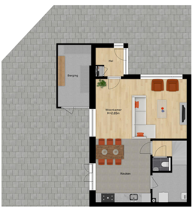 Top view of real estate funda 2D/3D floor plan illustrating room layout, furniture placement, and spatial dimensions for a comprehensive overview.