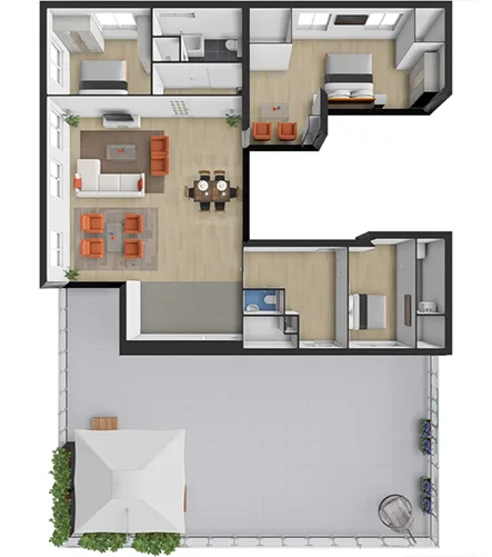 Top view of 2D/3D floor plan illustrating room layout, furniture placement, and spatial dimensions for a comprehensive overview.