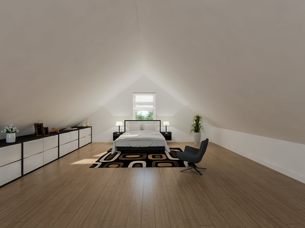 3D interior rendering of slaapkamer / bedroom displaying a realistic view of the room layout, furniture arrangement, lighting, and decor details for a complete spatial visualization.