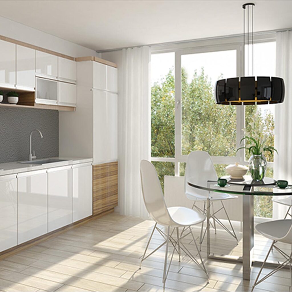 3D interior rendering of keuken/kitchen displaying a realistic view of the room layout, furniture arrangement, lighting, and decor details for a complete spatial visualization.