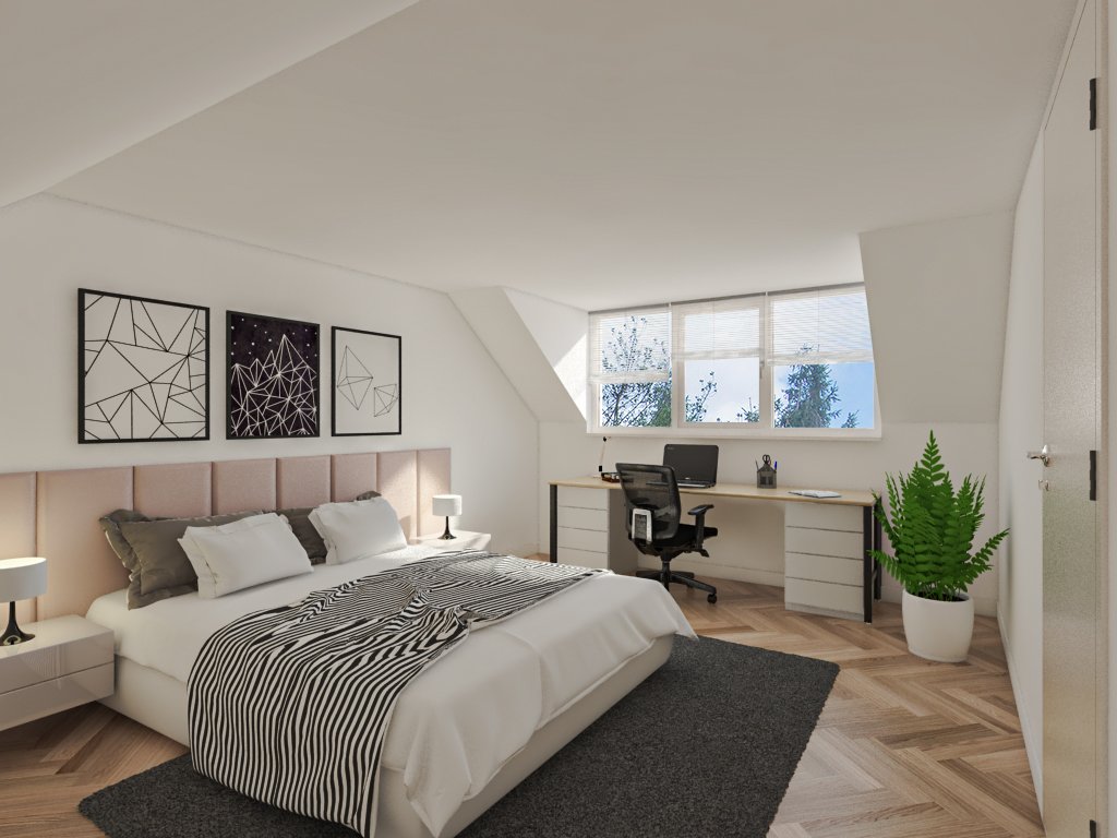 3D interior rendering of slaapkamer / bedroom displaying a realistic view of the room layout, furniture arrangement, lighting, and decor details for a complete spatial visualization.