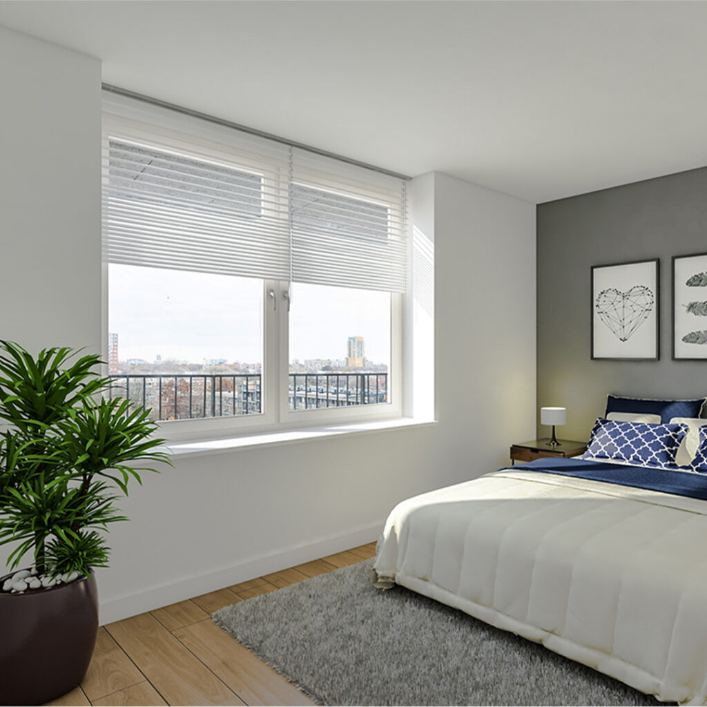 3D interior rendering of bedroom displaying a realistic view of the room layout, furniture arrangement, lighting, and decor details for a complete spatial visualization.