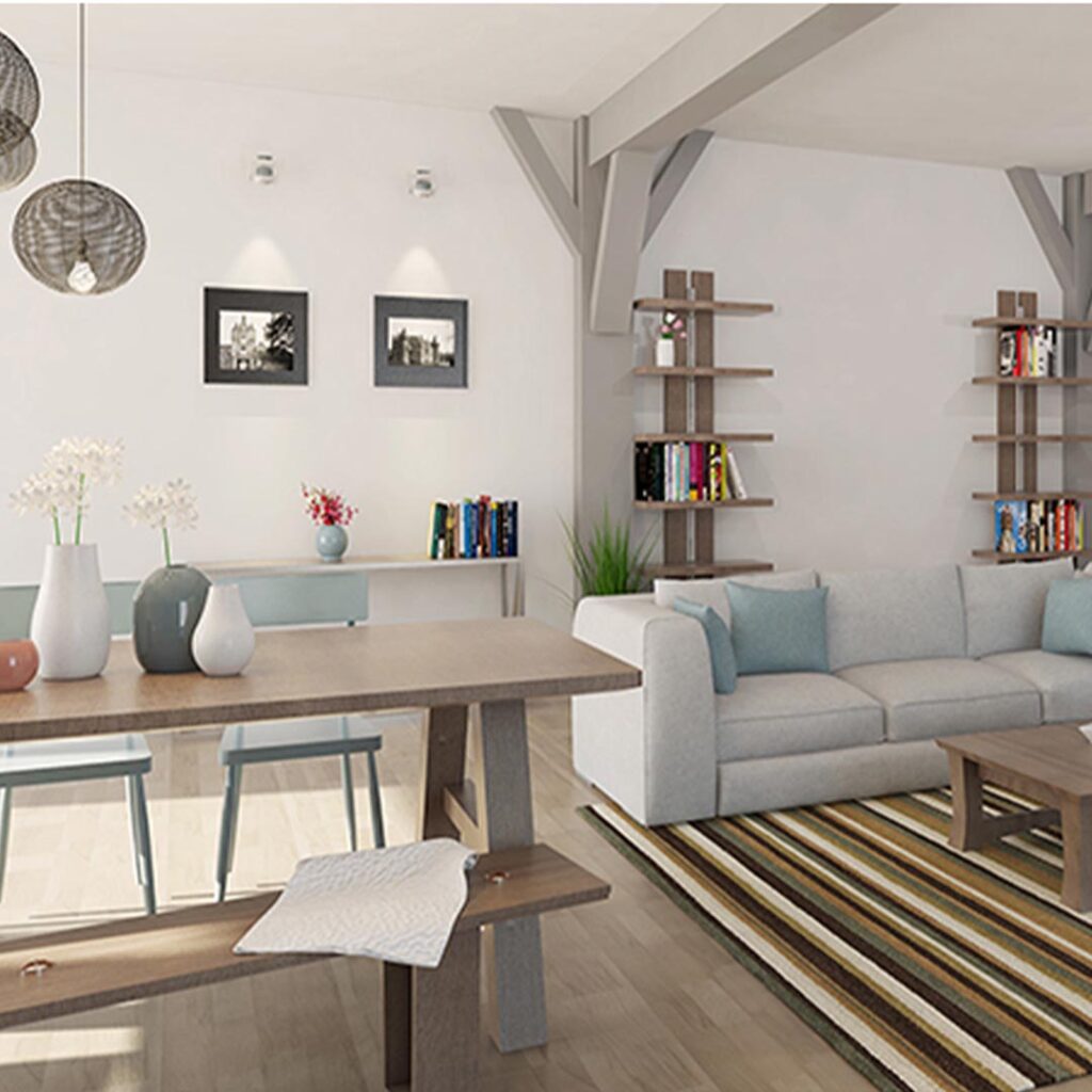 3D interior rendering displaying a realistic view of the room layout, furniture arrangement, lighting, and decor details for a complete spatial visualization.