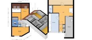 Top view of real estate funda 2D/3D floor plan illustrating room layout, furniture placement, and spatial dimensions for a comprehensive overview.