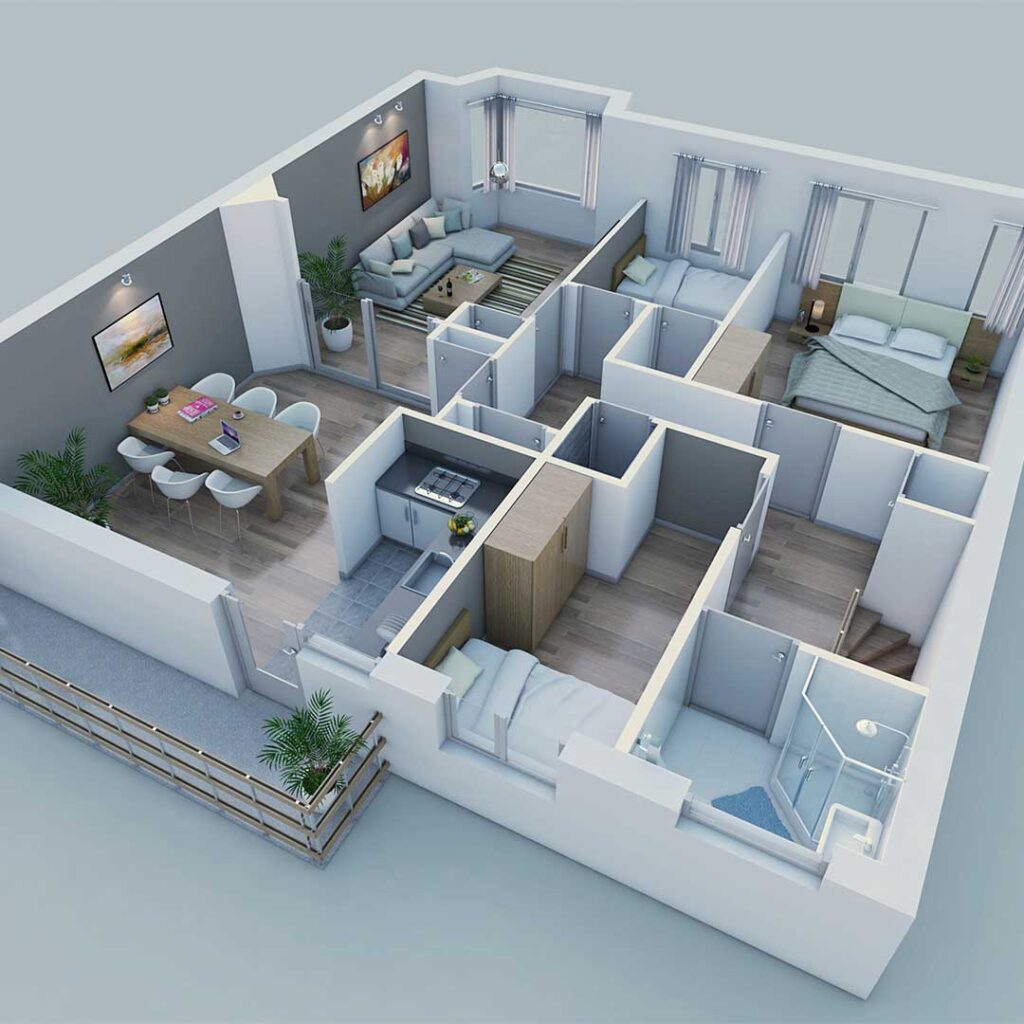 Boost Property Marketing with Stunning 3D Video Rendering. 3D interior floor plan of a real estate property, showcasing a detailed layout with furniture, room dimensions, and design elements for a clear, interactive view of the space.