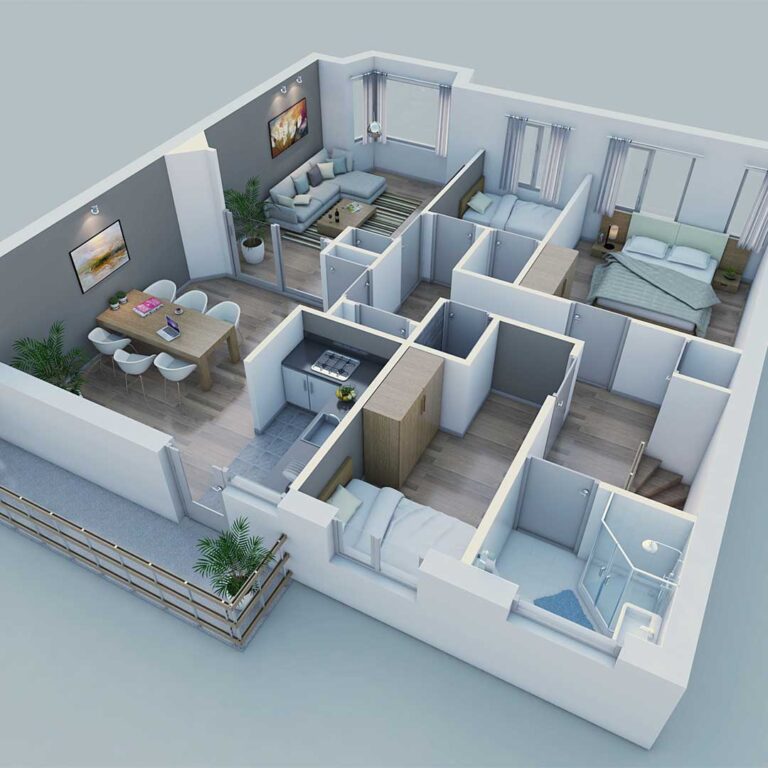 3D interior floor plan of a real estate property, showcasing a detailed layout with furniture, room dimensions, and design elements for a clear, interactive view of the space.