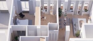 3D interior rendering displaying a realistic view of the room layout, furniture arrangement, lighting, and decor details for a complete spatial visualization.