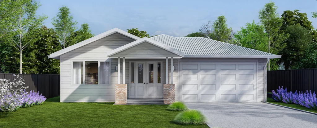 3D exterior rendering showcasing the building's architectural design, materials, and landscaping elements in a realistic perspective.