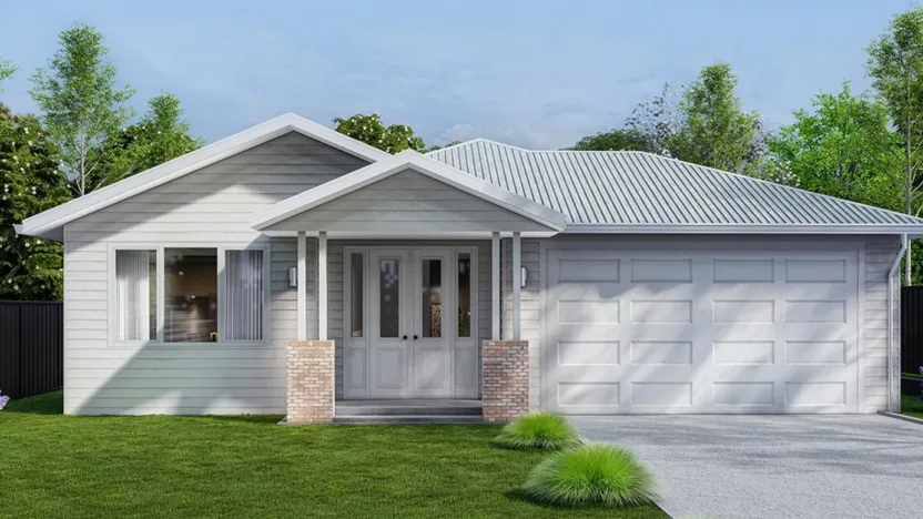 3D exterior rendering showcasing the building's architectural design, materials, and landscaping elements in a realistic perspective.