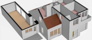 Side view of real estate funda 2D/3D floor plan showing room elevations, wall placements, and structural details for a clear visual of spatial depth and design elements.