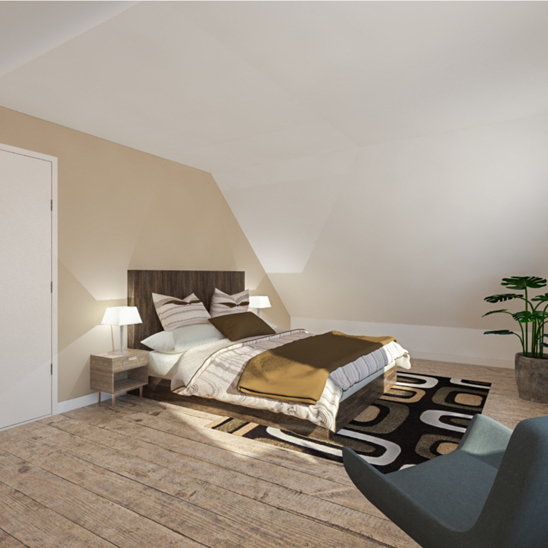 3D interior rendering of bedroom/slaapkamer displaying a realistic view of the room layout, furniture arrangement, lighting, and decor details for a complete spatial visualization.