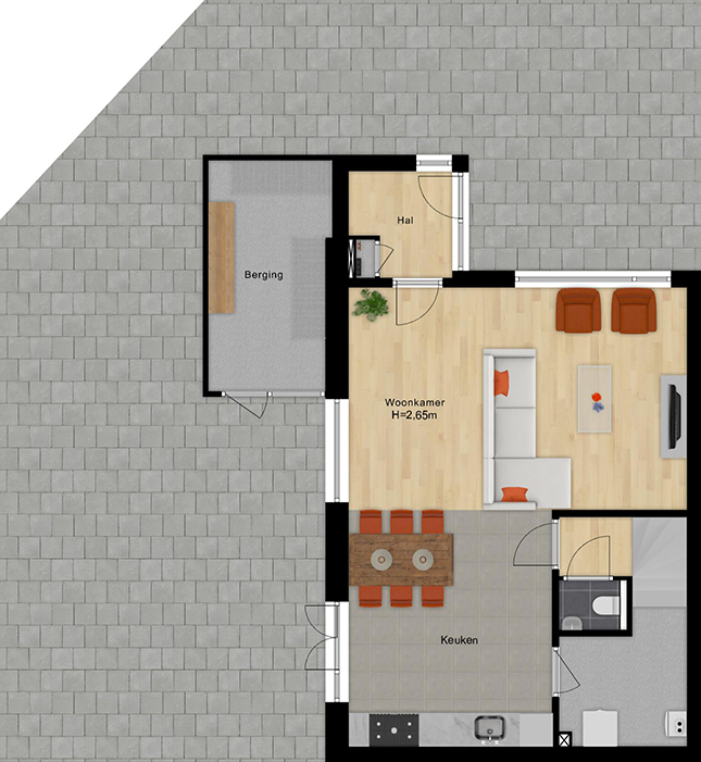 real estate funda 2D/3D floor plan illustrating room layout, furniture placement, and spatial dimensions for a comprehensive overview.