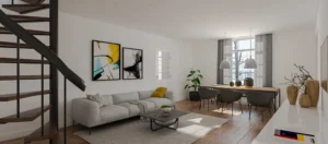 3D interior rendering displaying a realistic view of the room layout, furniture arrangement, lighting, and decor details for a complete spatial visualization.