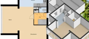 Top view of 2D/3D floor plan illustrating room layout, furniture placement, and spatial dimensions for a comprehensive overview.