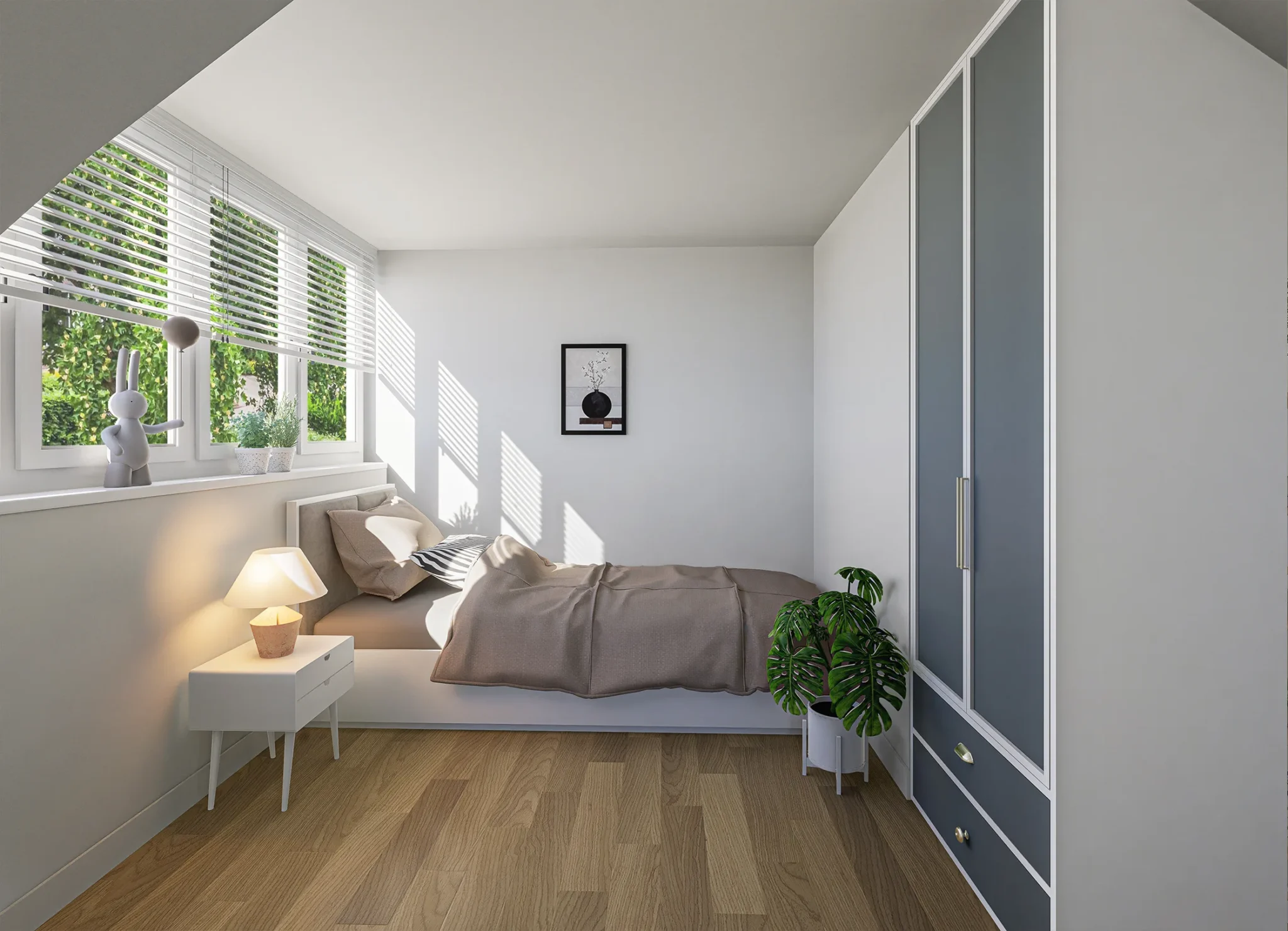 A Scandinavian design bedroom with minimalist decor, natural wood accents, and neutral color tones.