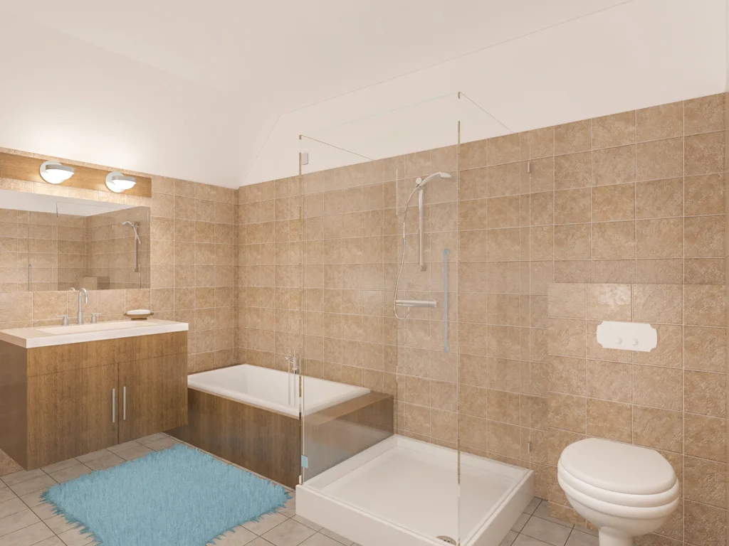 Artist's impression of a modern bathroom featuring elegant fixtures, stylish tiles, and natural lighting, showcasing a luxurious and inviting space.