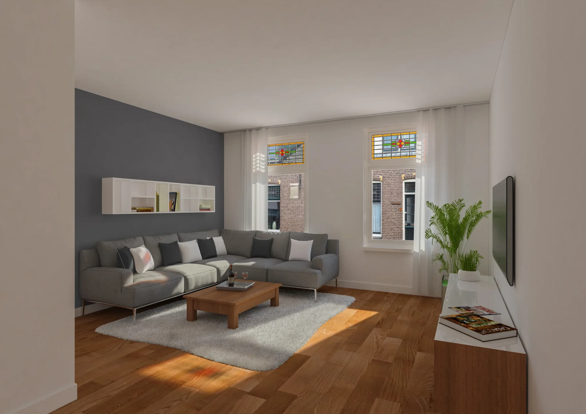 Artist's impression of a luxurious living room interior, featuring elegant furniture, warm lighting, and stylish decor elements, creating a cozy and inviting atmosphere.