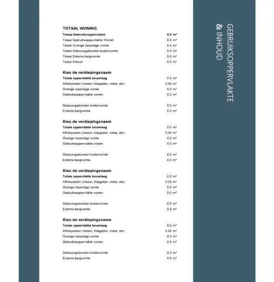 Detailed NEN2580/BBMI report showing calculated volume and area of a property, including all living spaces, storage, and outdoor areas.