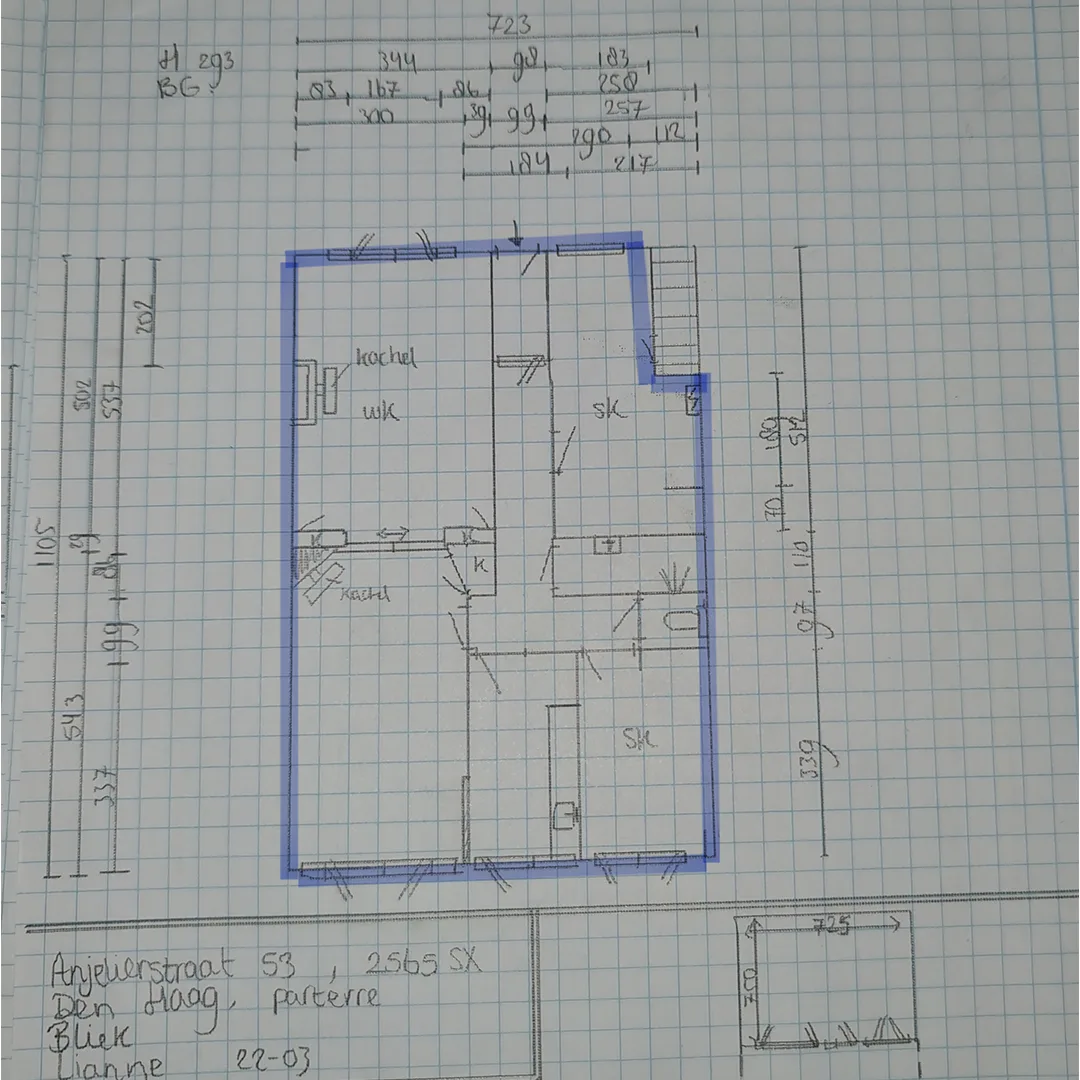 Artist's sketch of a residential property, featuring hand-drawn details and design elements, which will later be transformed into a precise floor plan.