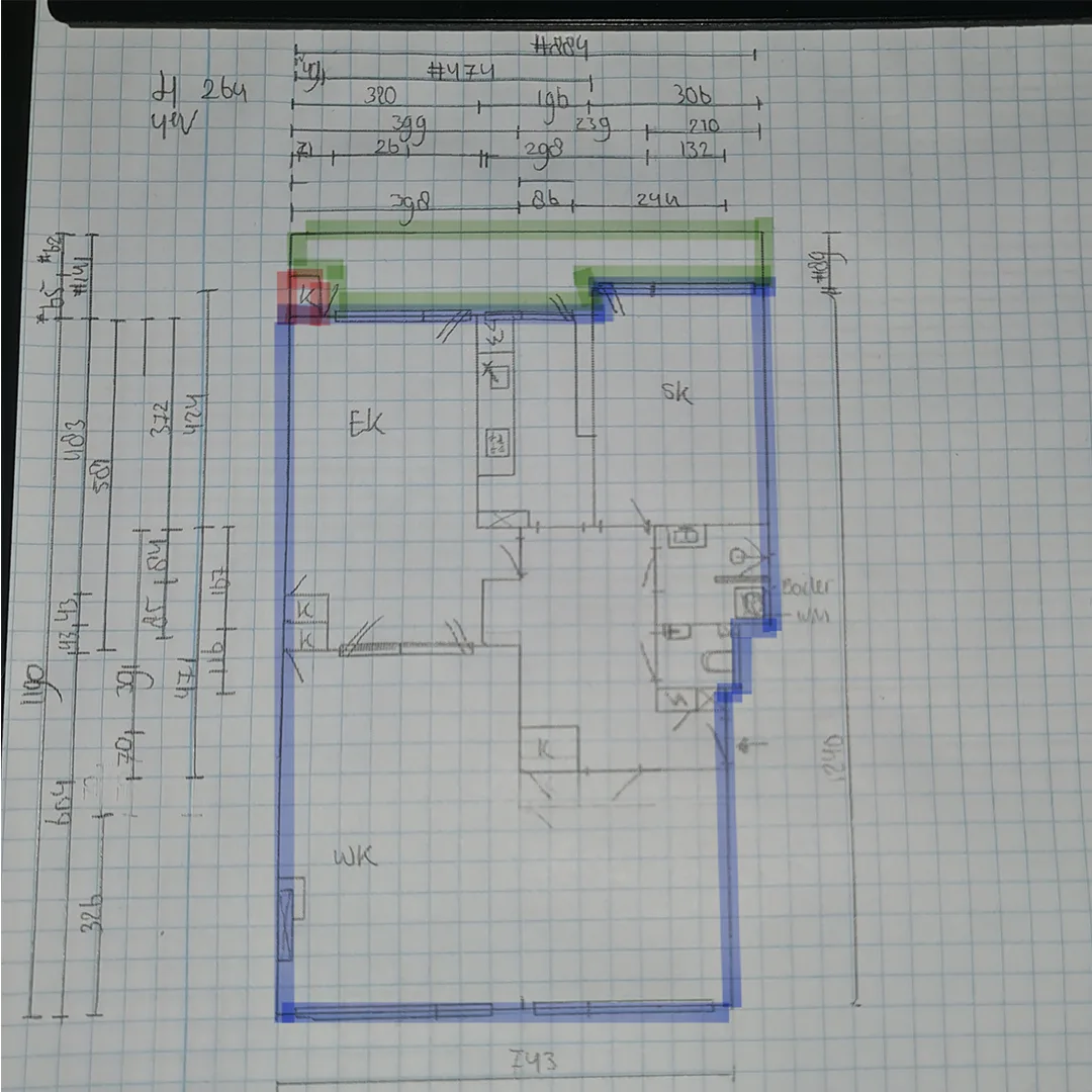 Artist's sketch of a residential property, featuring hand-drawn details and design elements, which will later be transformed into a precise floor plan.