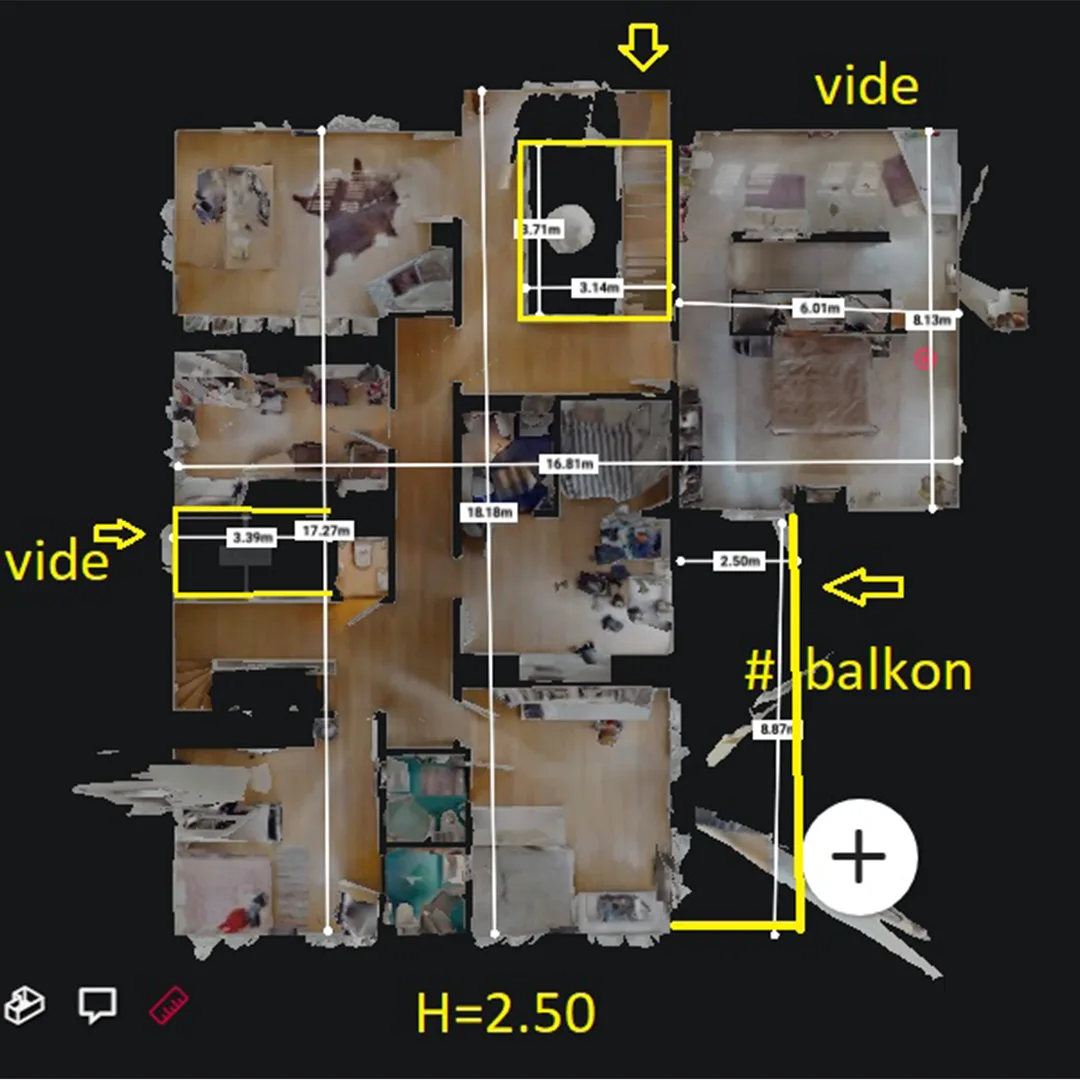 Interactive Matterport floor plan of a modern property, showcasing a 3D representation of the layout with detailed room dimensions and spatial relationships.