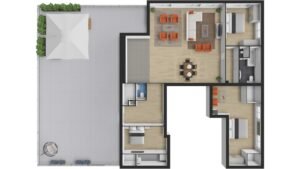 Top view of real estate 2D/3D floor plan illustrating room layout, furniture placement, and spatial dimensions for a comprehensive overview.