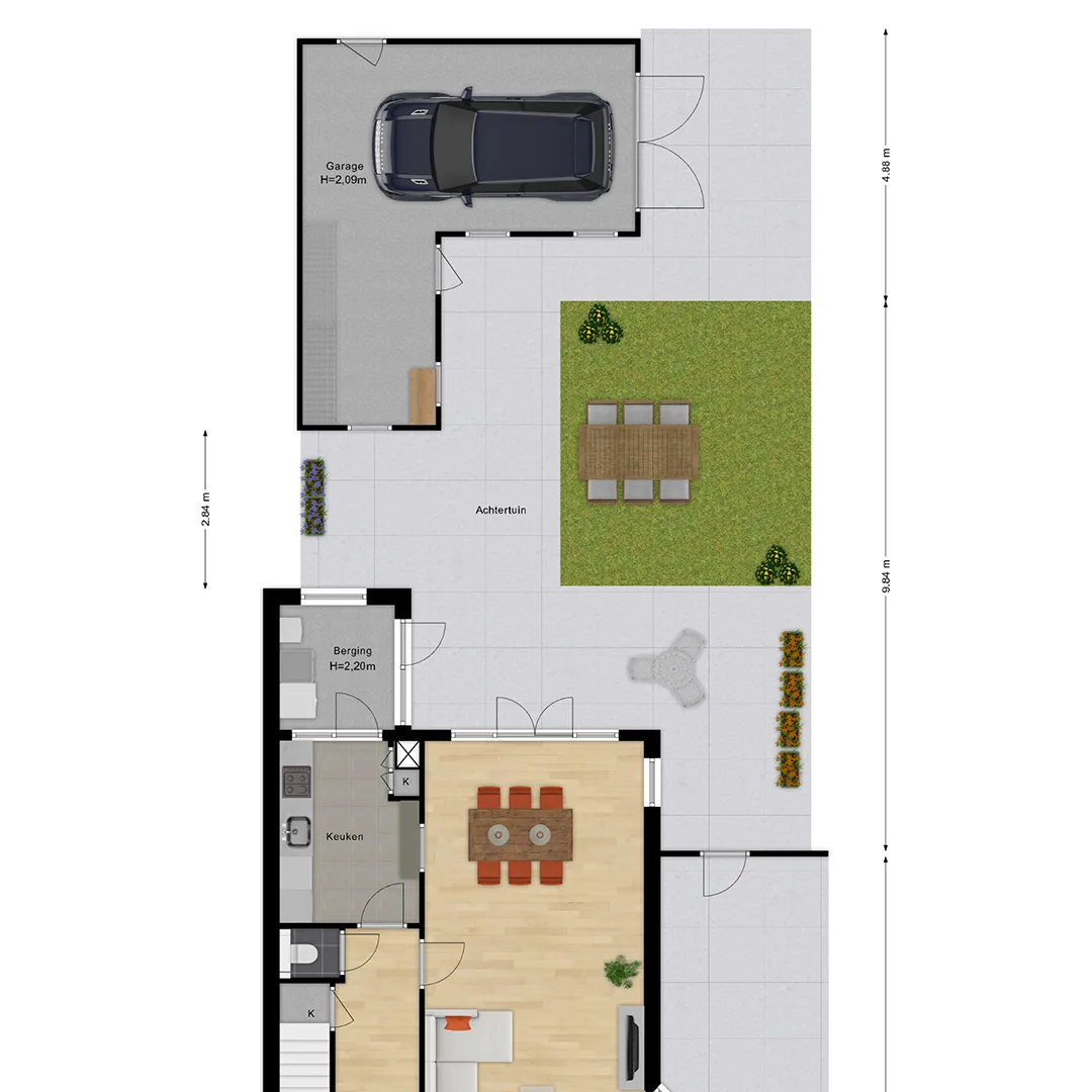 Comprehensive perceeloverzicht floor plan displaying the layout and boundaries of a real estate property, including surrounding plots and land use designations.