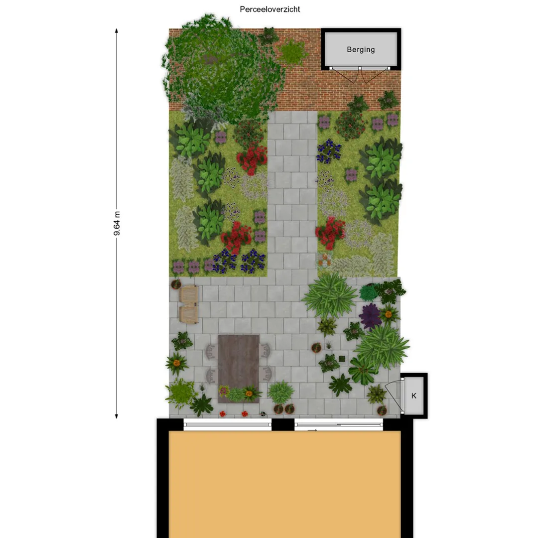 Comprehensive perceeloverzicht floor plan displaying the layout and boundaries of a real estate property, including surrounding plots and land use designations.