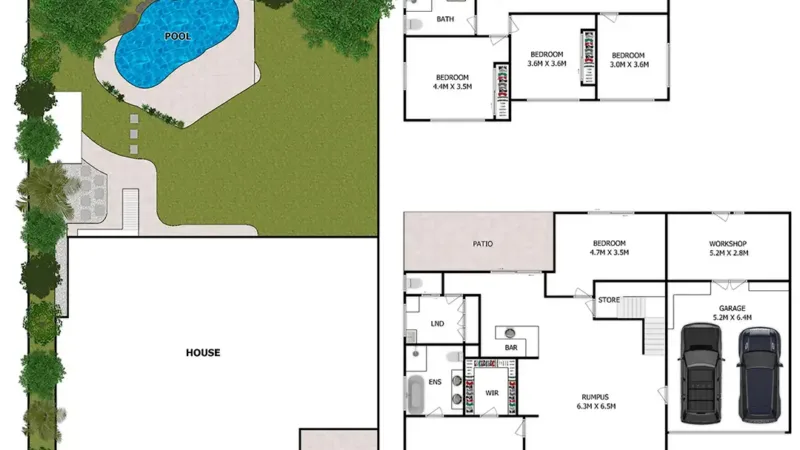 Floor Plan Siteplan Australia 1 Detailed floor plan and site plan illustrating the layout, dimensions, and spatial arrangement of rooms and outdoor areas. Includes precise measurements, pathways, and landscaping for a comprehensive view of the property design.