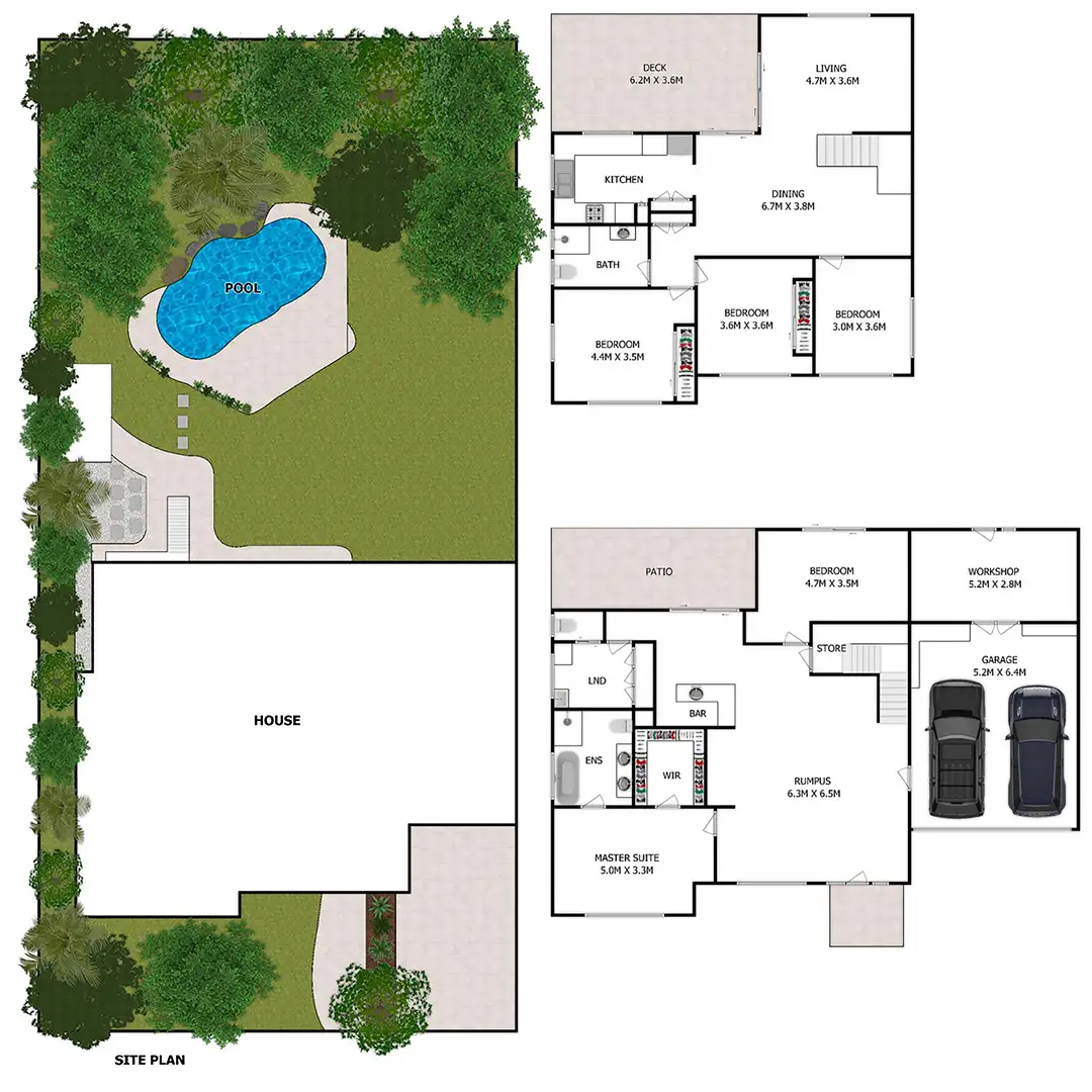 Detailed floor plan and site plan illustrating the layout, dimensions, and spatial arrangement of rooms and outdoor areas. Includes precise measurements, pathways, and landscaping for a comprehensive view of the property design.