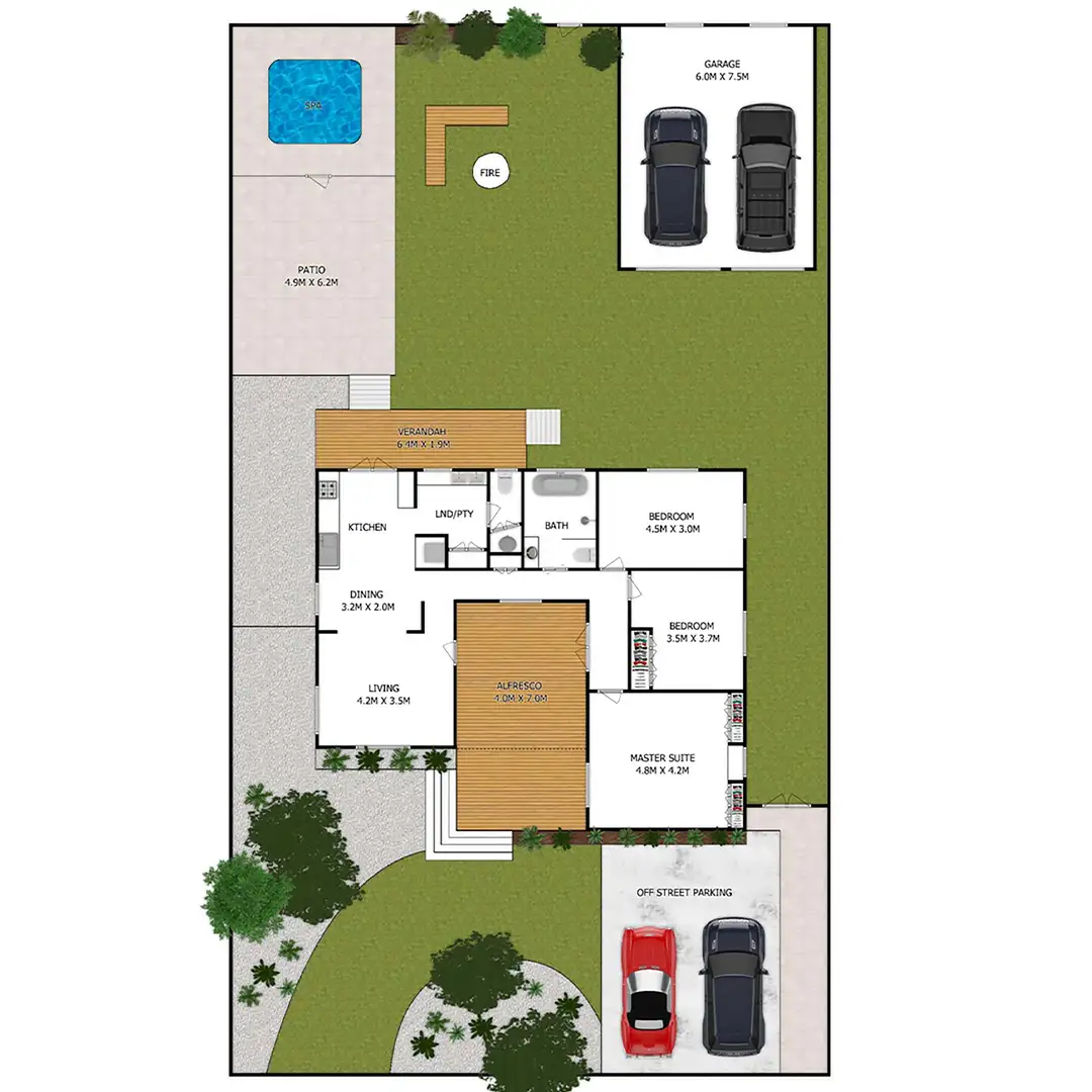 Detailed floor plan and site plan illustrating the layout, dimensions, and spatial arrangement of rooms and outdoor areas. Includes precise measurements, pathways, and landscaping for a comprehensive view of the property design.