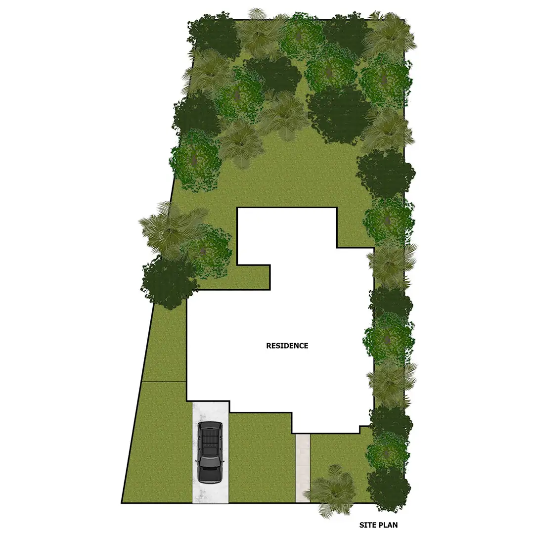 Detailed floor plan and site plan illustrating the layout, dimensions, and spatial arrangement of rooms and outdoor areas. Includes precise measurements, pathways, and landscaping for a comprehensive view of the property design.