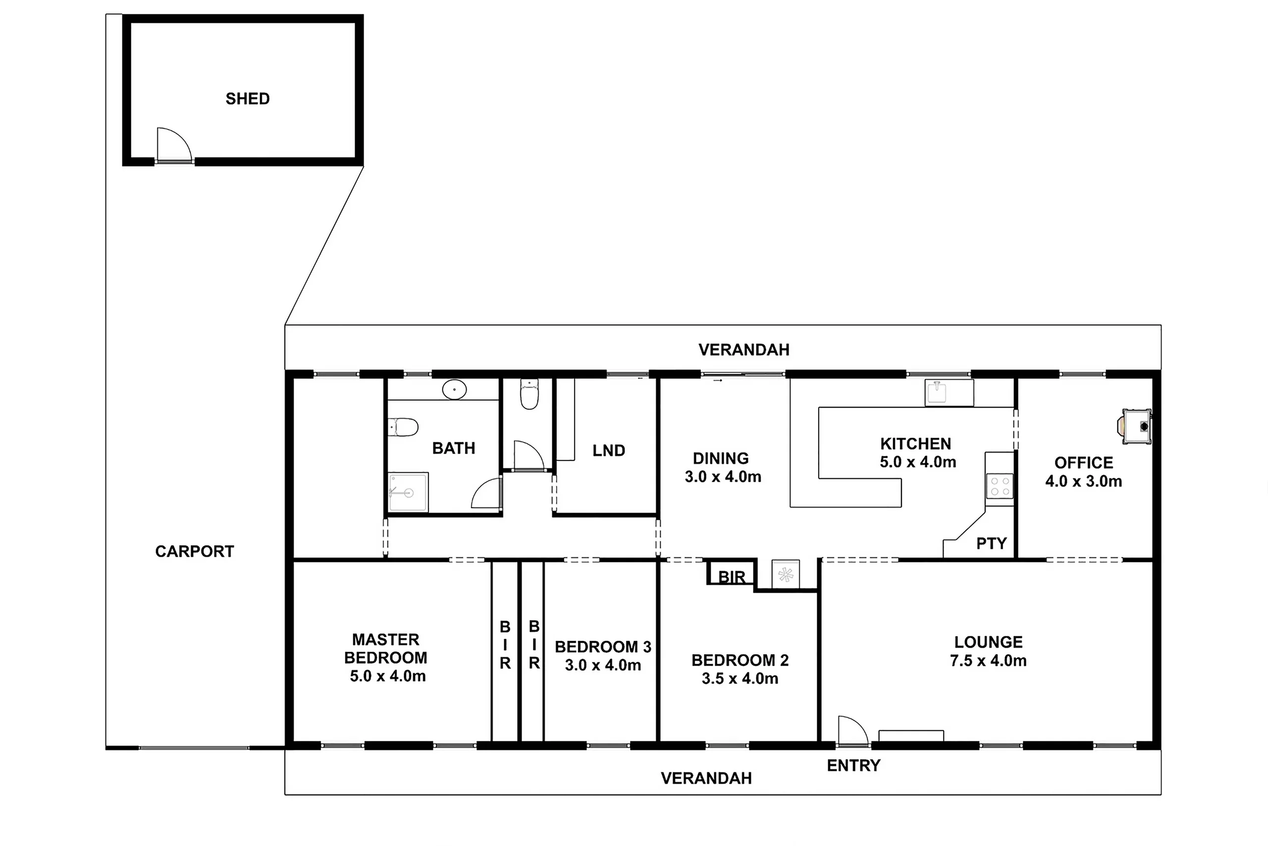 Black and white floor plan showing detailed layout of rooms, walls, and structural elements for clear spatial arrangement.