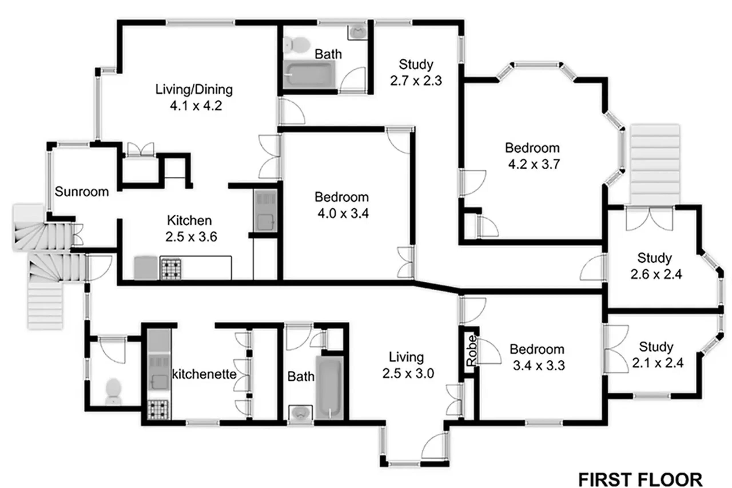 Black and white floor plan showing detailed layout of rooms, walls, and structural elements for clear spatial arrangement.