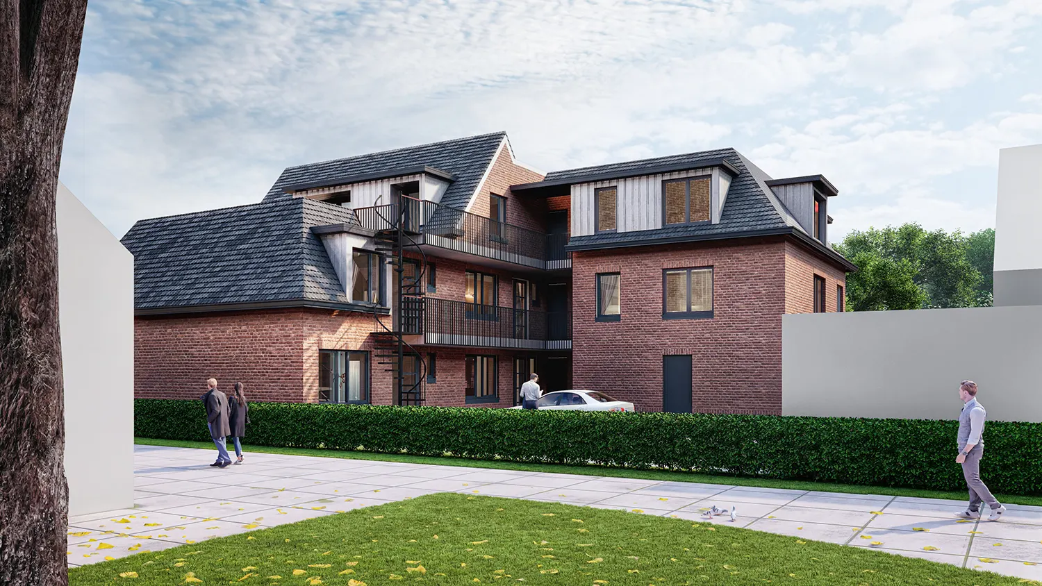 3D exterior rendering showcasing the building's architectural design, materials, and landscaping elements in a realistic perspective.