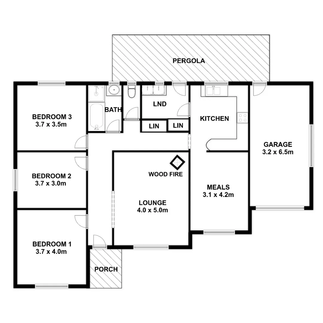 Black and white floor plan showing detailed layout of rooms, walls, and structural elements for clear spatial arrangement.