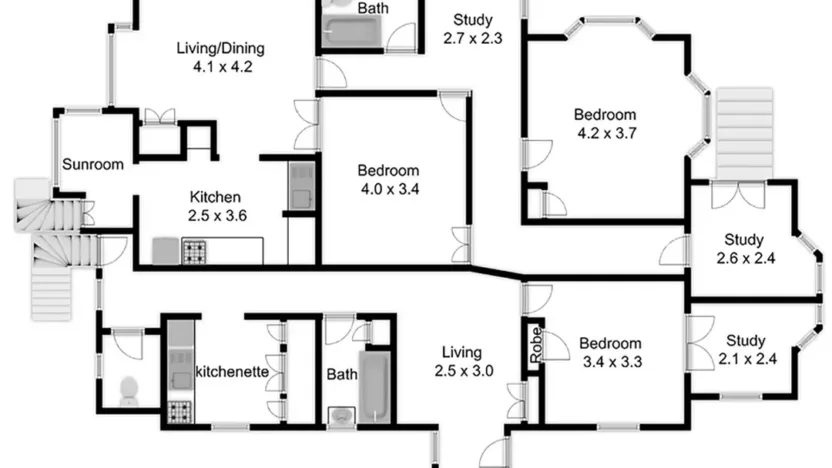 Black and white floor plan showing detailed layout of rooms, walls, and structural elements for clear spatial arrangement.
