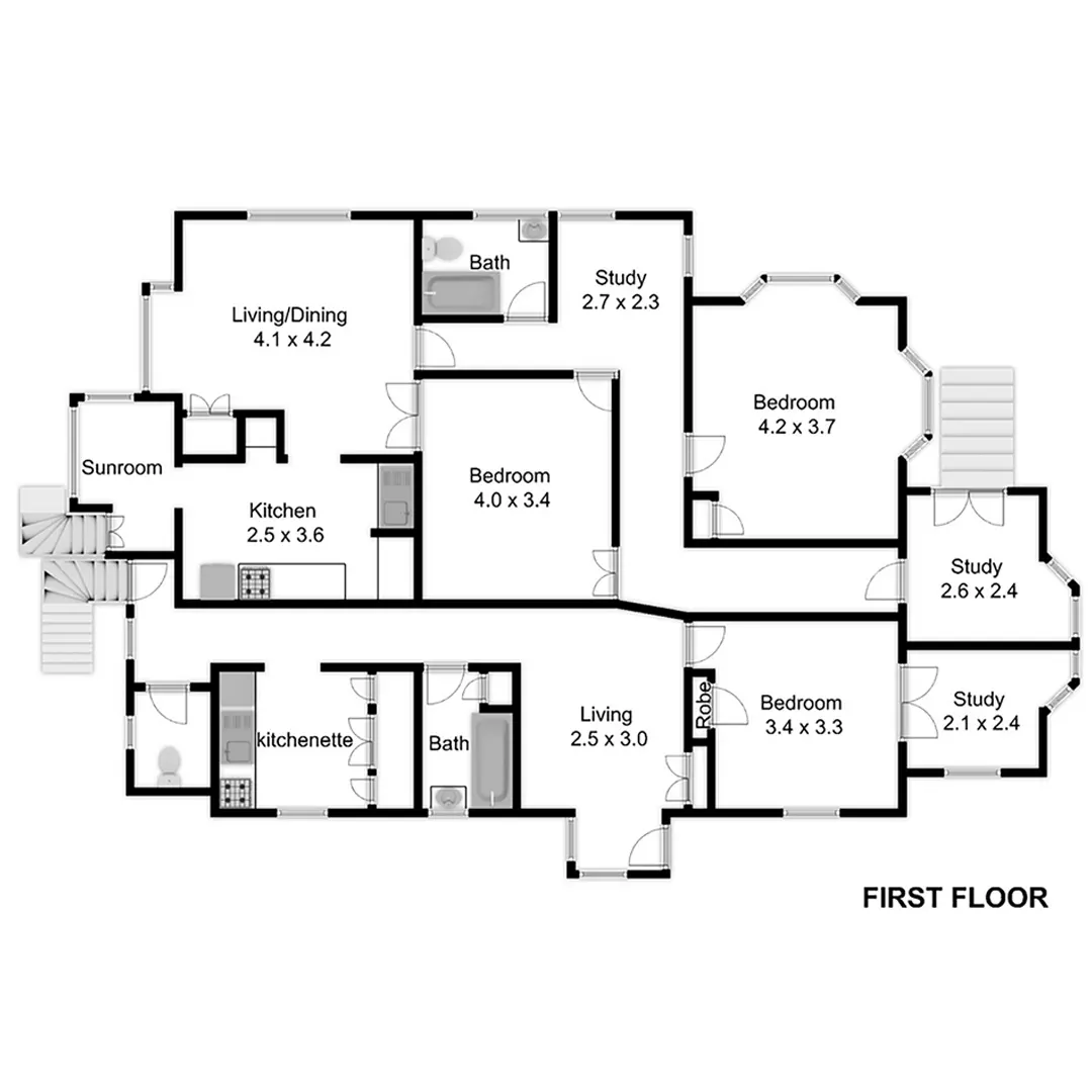 Black and white floor plan showing detailed layout of rooms, walls, and structural elements for clear spatial arrangement.