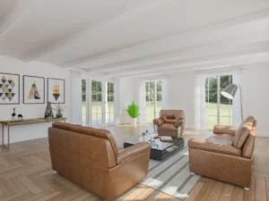 Modern woonkamer interior featuring comfortable seating, natural lighting, and stylish decor