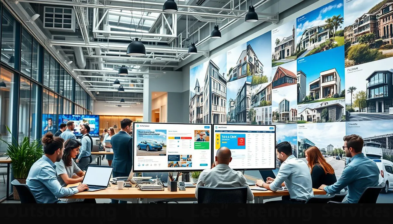 A bustling urban environment showcasing a modern real estate office with agents collaborating on laptops, digital marketing materials displayed on screens, a diverse team brainstorming strategies in a bright, creative workspace, and a large wall featuring impressive property listings, all emphasizing the dynamic nature of outsourcing real estate marketing services.