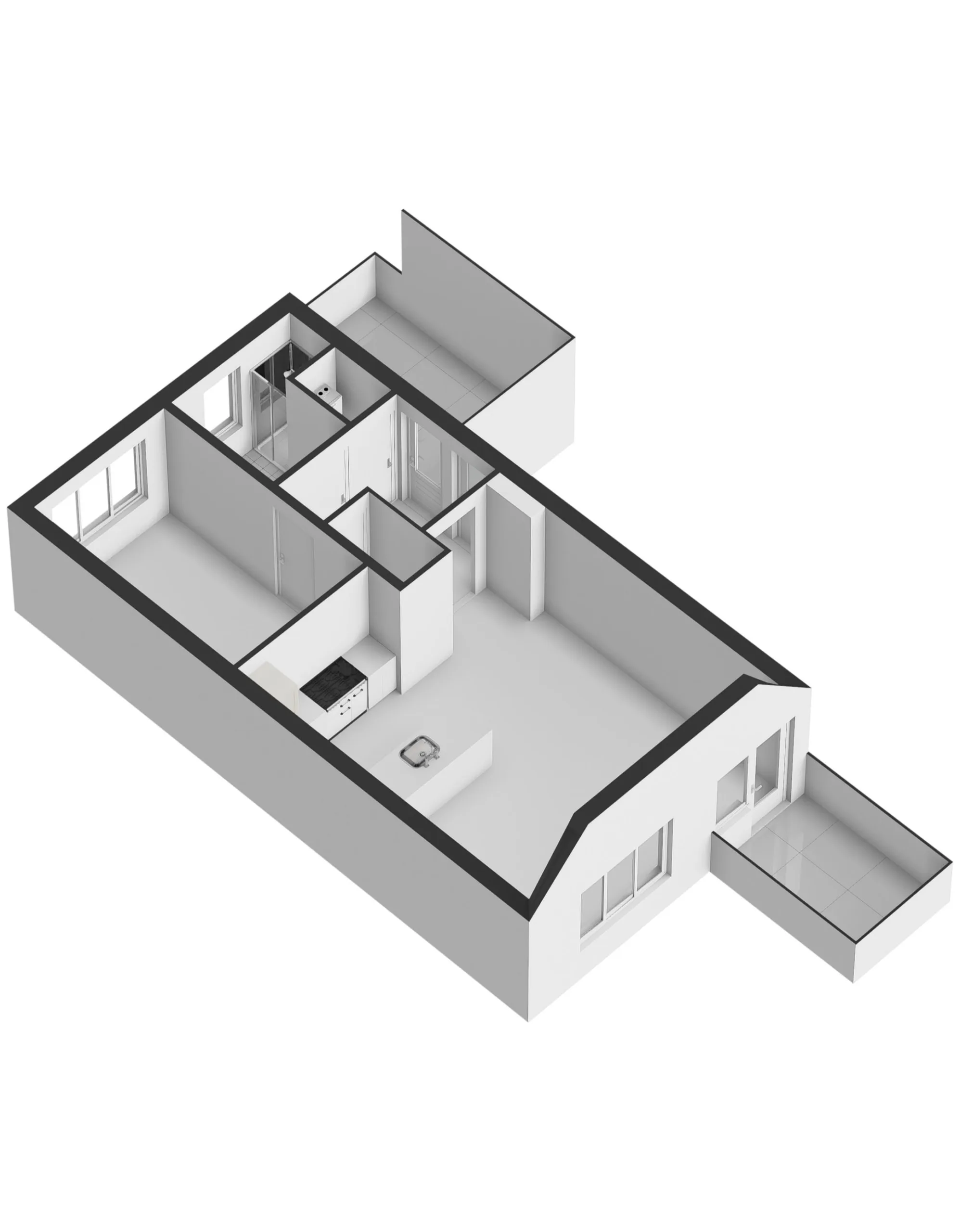 3D floor plan rendering of an appartement with detailed interior layout